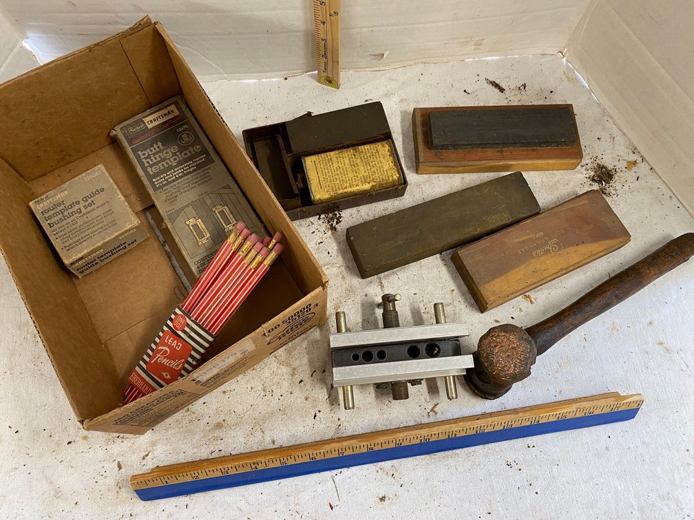 Sharpening Stones,  Copper Hammer, Butt hinge Template