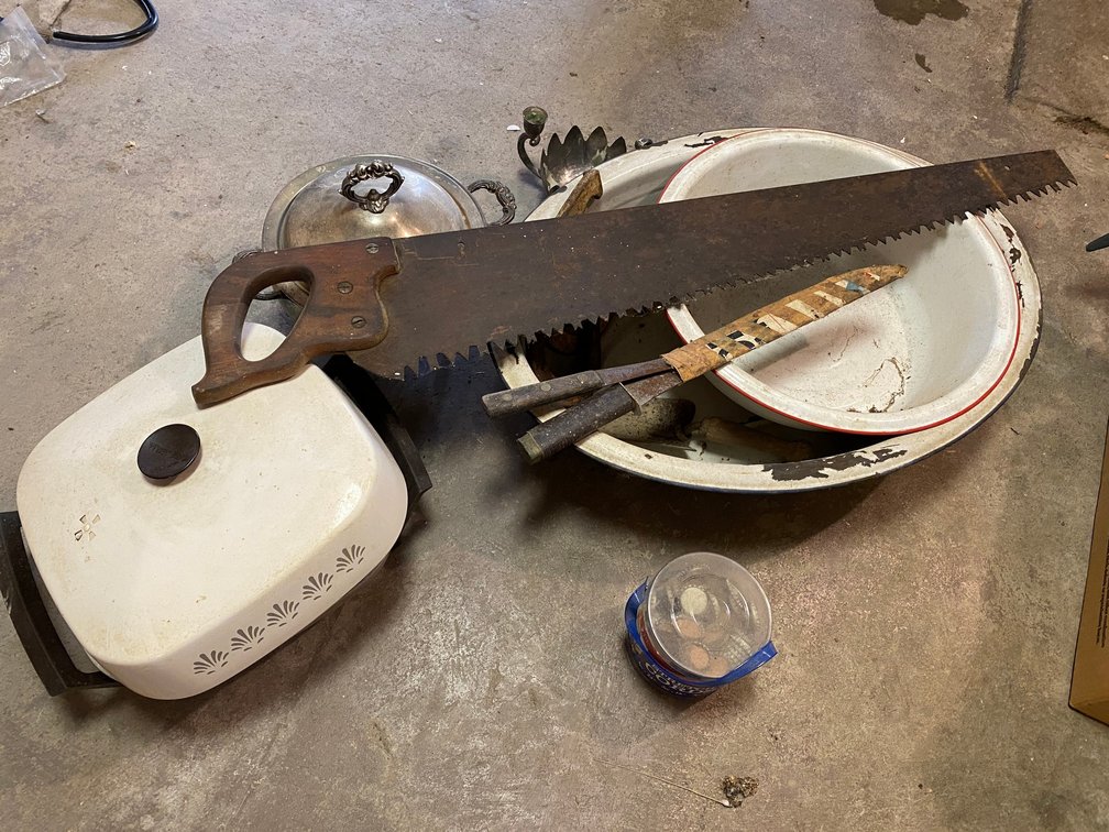 2 Man Saw, Granite Tubs, Silver Plate Server, Electric Skillet