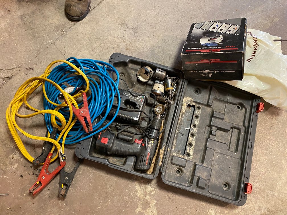 Extension Cord, Jumper Cables, Snap on battery Operated Drill with 1 Battery, 1 Charger, ERA Brush Compressor with Hose , Chicago Numatics Model 6750