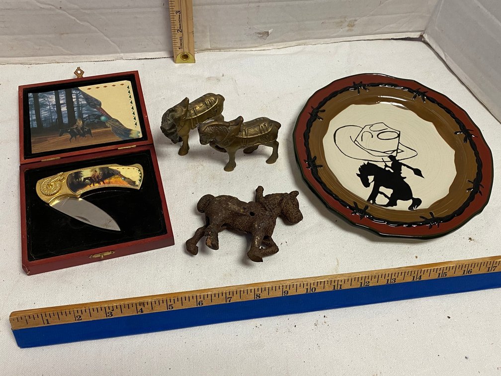 2-Brass Horses, Cast Iron Horse, Collectable Pocket Knife, Bronco Horse Plate