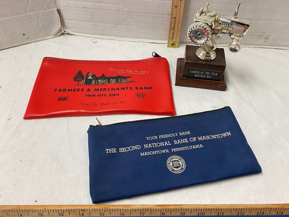 Farmers and Merchants Bank Money bag and a Second national Bank of Masontown Pennsylvania Money Bag, Small Trophy with a Tractor on top