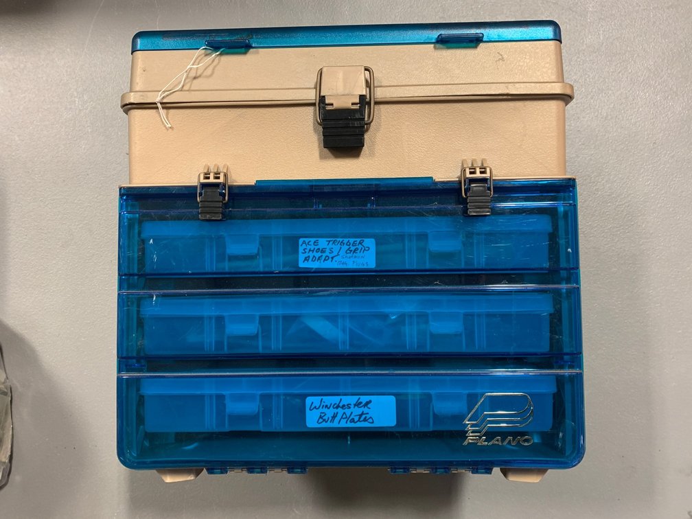 [3330]  Tackle Box with Gun Parts and Pieces Organized