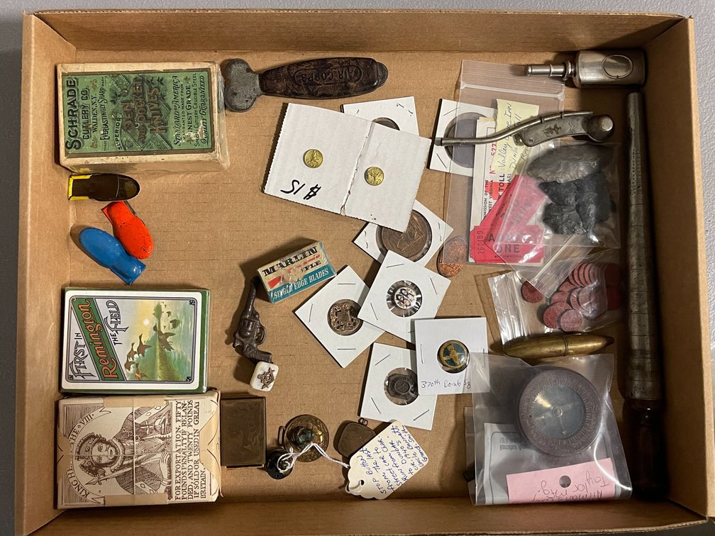 [3460]  Assorted Small Collectibles: Buttons, Flattened Pennies, Playing Cards, Whistles, Lighter, etc.