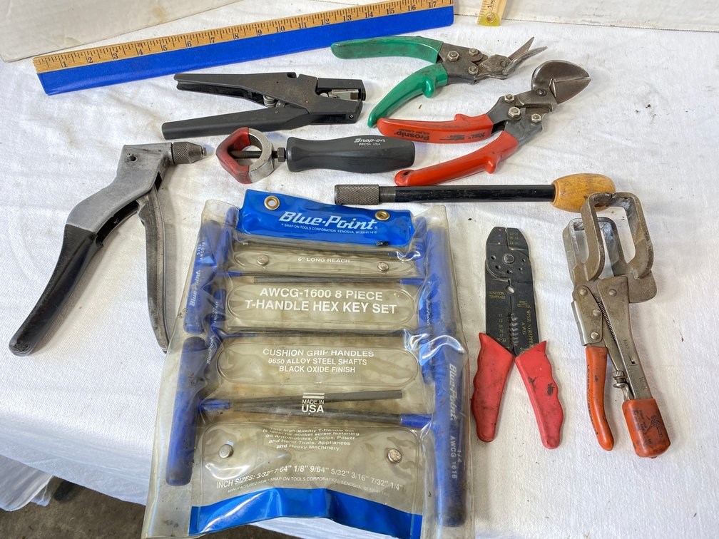 Blue Point T Handled Hex Keys Set, Tin Snips, Rivet Gun, Specialty Vise Grips, Wire Strippers