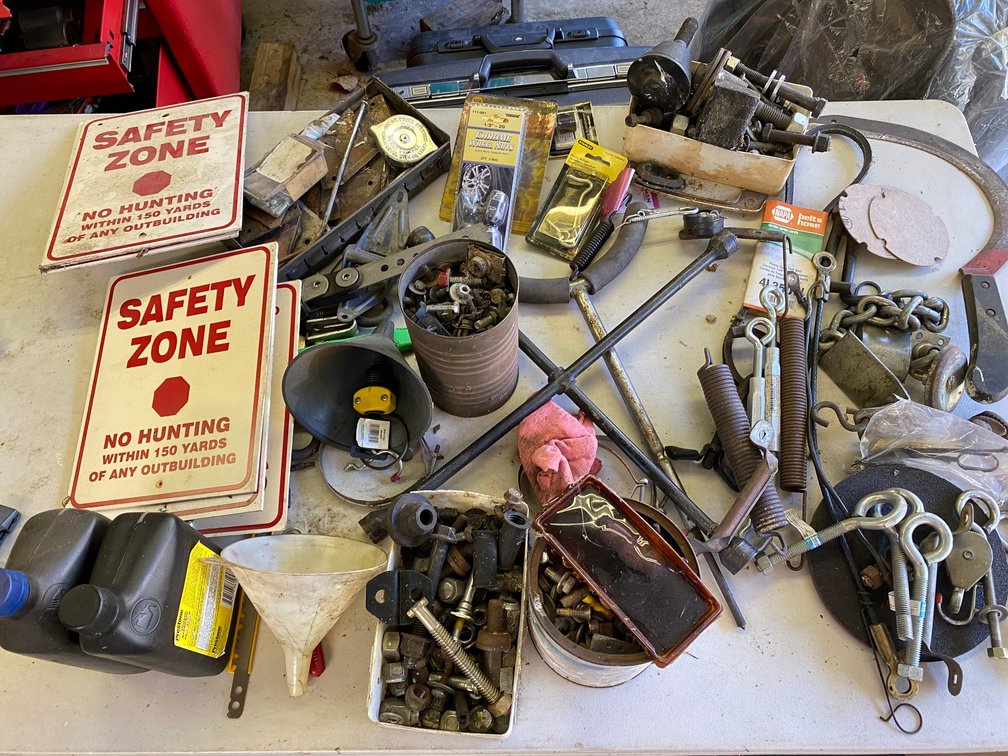 Hardware, Turn Buckles, Eye Bolts, 4 Way Wrench, Mower Sickle sections, Safety Zone Signs, Funnels