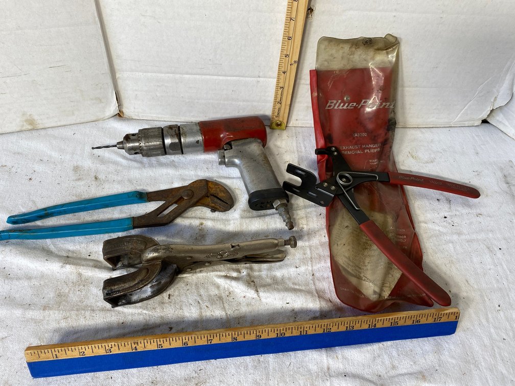 Blue Point Exhaust Hanger, Removal Pliers, Air Drill, Channel Locks and Vise Grips