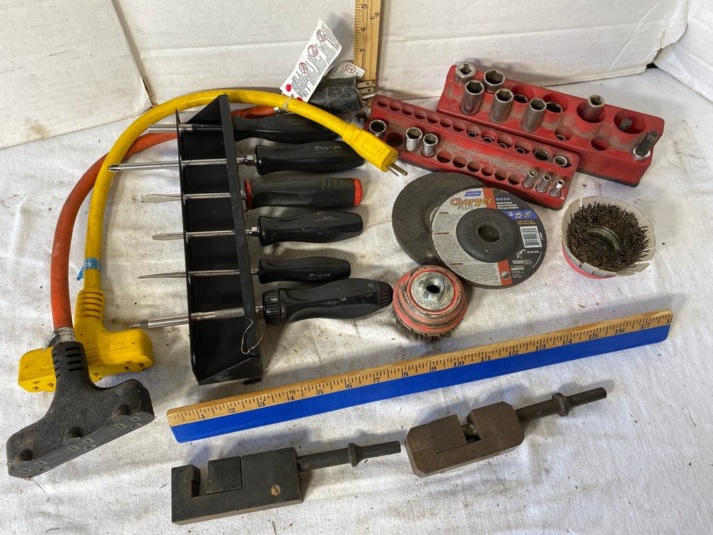 Snap On Screwdrivers in a Magnetic Holder, Extension Cord, Splitters, Socket, Grinding Wheels