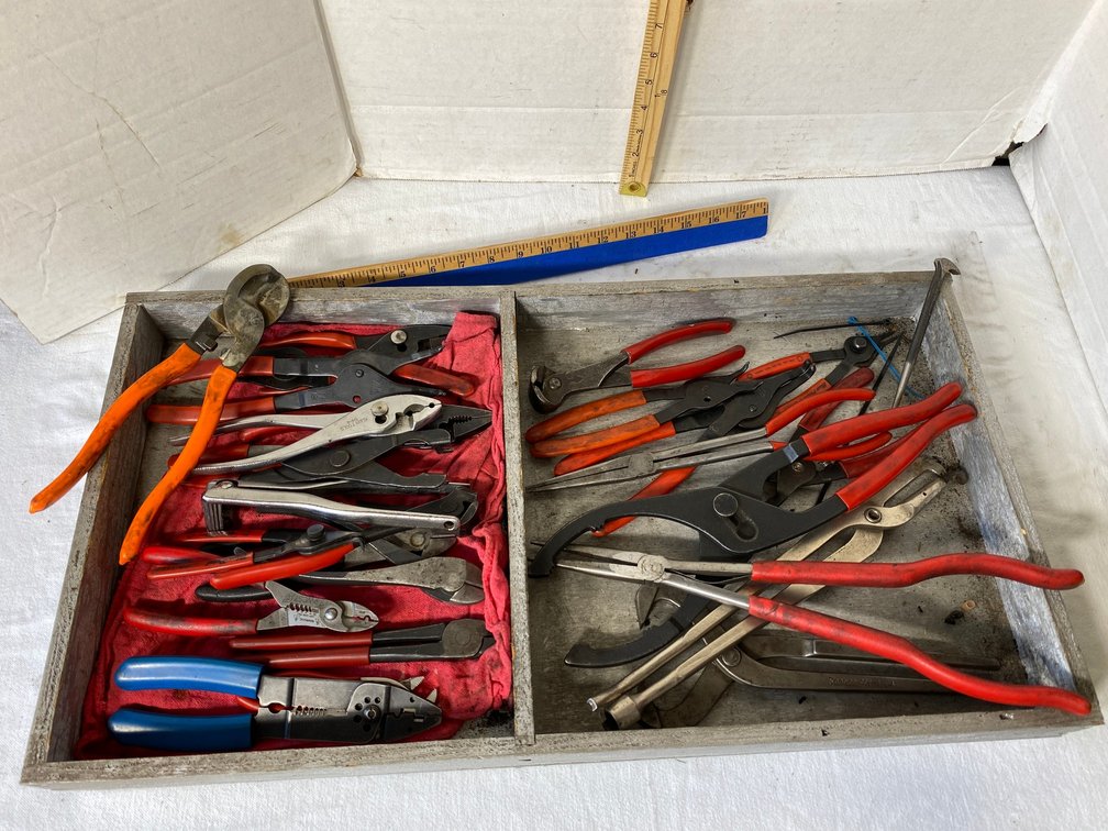Pliers, Many are Blue Point, Snap On, Kline, Snap Ring Pliers, Needle Nose Pliers, and More-Custom Made Wooden Tray