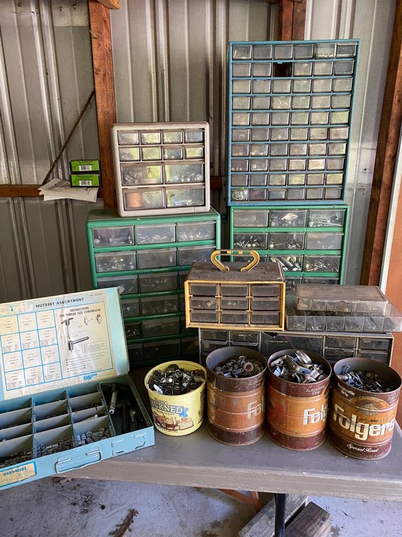 Small Parts Bins of Hardware Nuts, Bolts