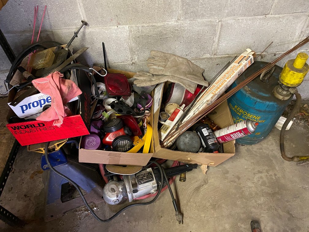 Corner Lot Set of Jack Stands, Angle Grinder, Respirator Masks with Cartridges, Sprays, Keroscene Can