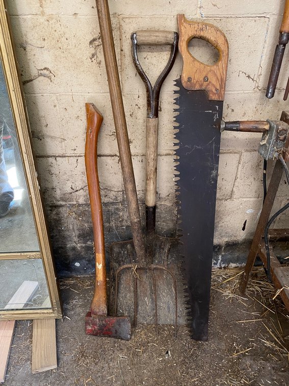 Handsaw, Axe, Shovel, Pitchfork