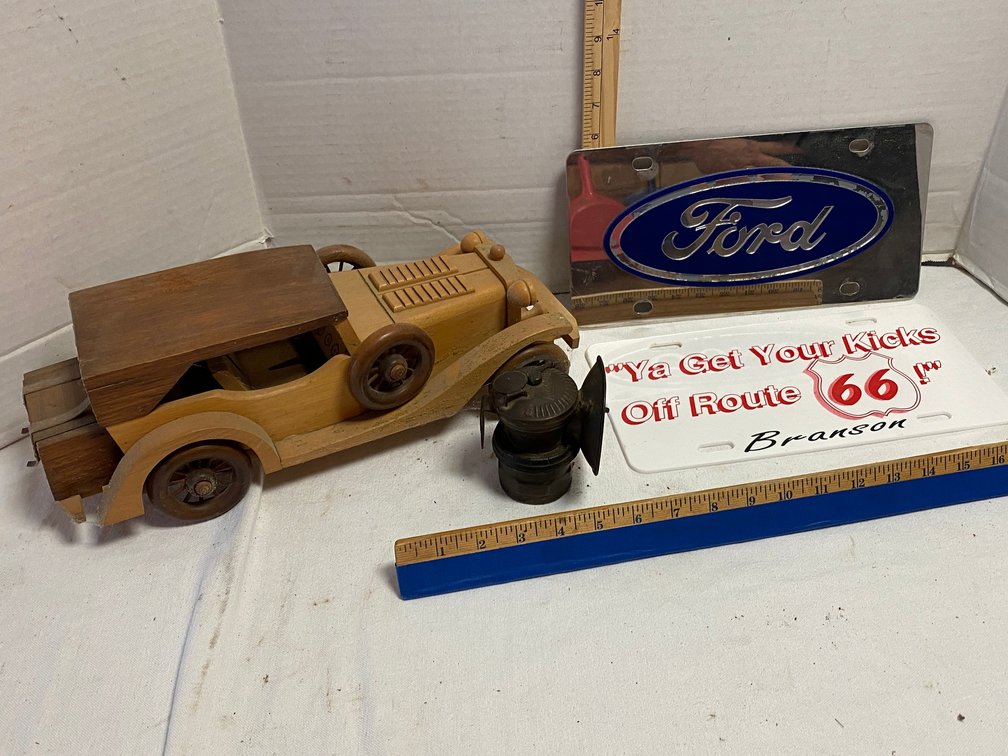 Wooden Classic Car Toy, Ford License Plate, Route 66 License Plate, Carbide Lamp