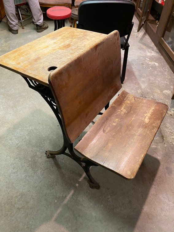 Early Wooden School Desk with Cast Iron Legs Fold Down Seat