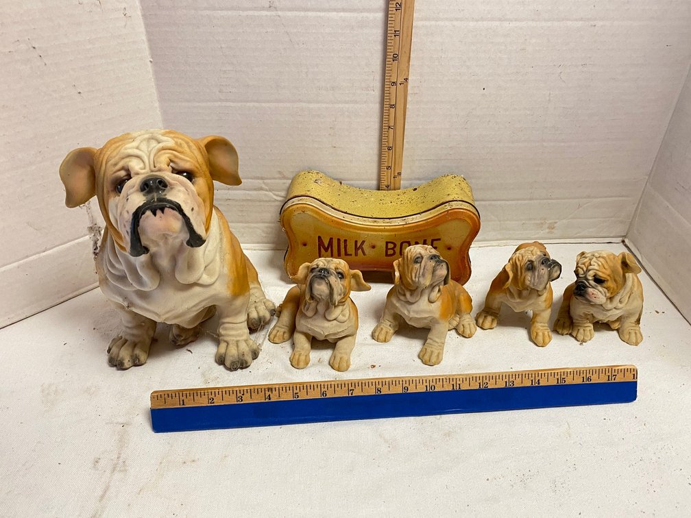 Composite Bulldogs with a Tin Milk Bone Container