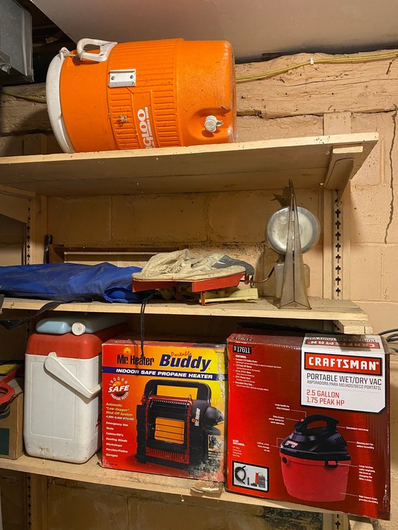 Shelf Lot, Craftsman Portable 2.5 Gallon Shop Vac, Mr. Heater Portable Buddy Propane Heater, Cooler, Grass Seeder, Spot light, Igloo thermos