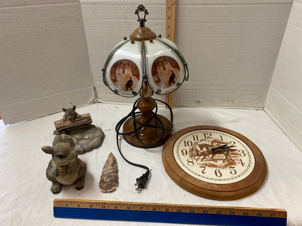 Wolf lamp with a Eagle also, Battery Operated Clock with a Horse, Squirrel, Spear Point