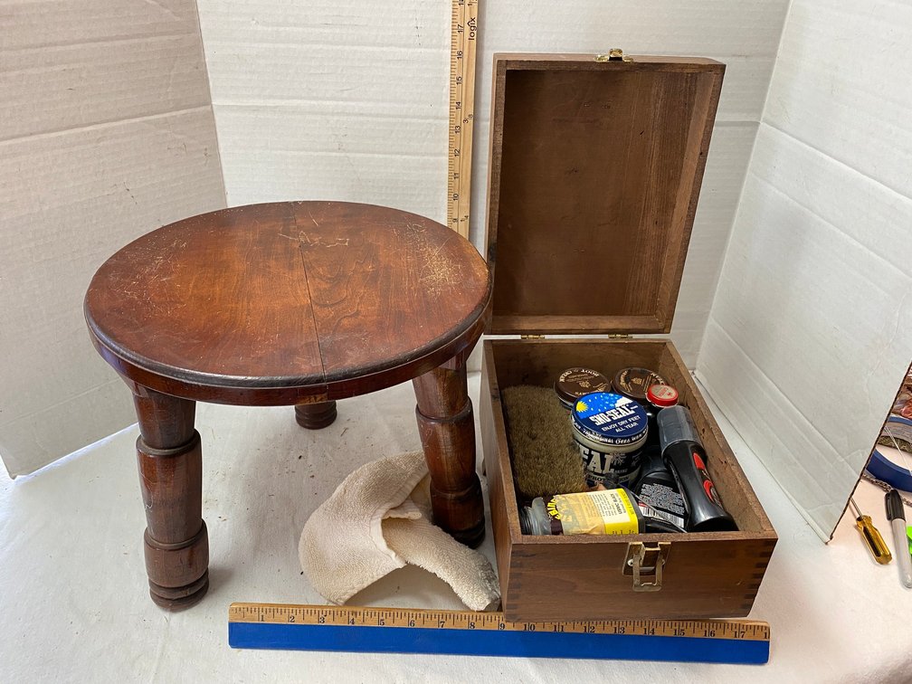 Shoe shine Box with supplies, Small Wooden Stool