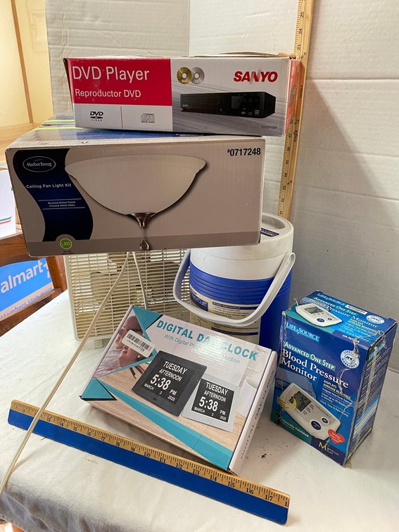Digital Day Clock, Blood Pressure Monitor, Ceiling Fan Light Kit, DVD Player