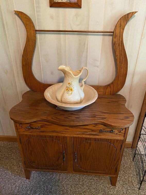 Oak Wash Stand with a Pitcher and Bowl
