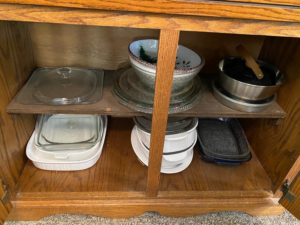 Cabinet Lot of Corning ware Casseroles, Glass Serving Plates