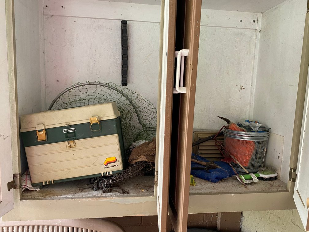 Cabinet with Fishing Supplies, Tackle Box, Nets, Minnow Buckets