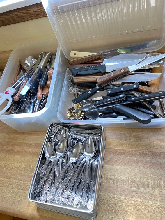 Large Assortment of Flatware, knives, Steak Knives, Serving Spoons, Nutcrackers