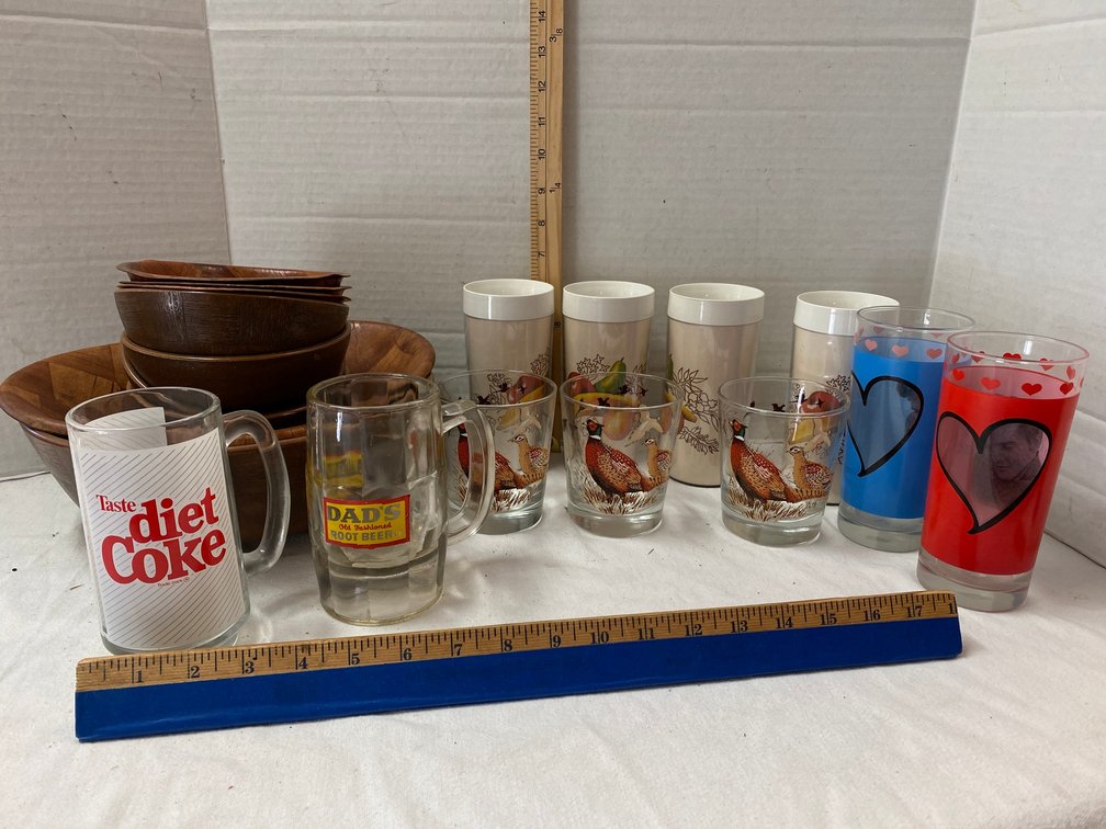 2-Elvis glasses, 3-Pheasant Glasses, Bowls, Diet Coke, Dad's Root beer Mug