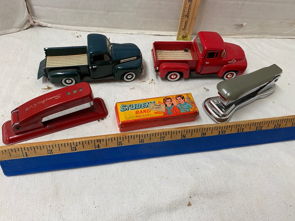 2-Collectable Toy Trucks, 2 Vintage Staplers, Student Band Harmonica with the Box