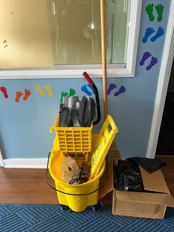 Runner, Mop Bucket, Wet Floor Caution Signs, Trash Bags