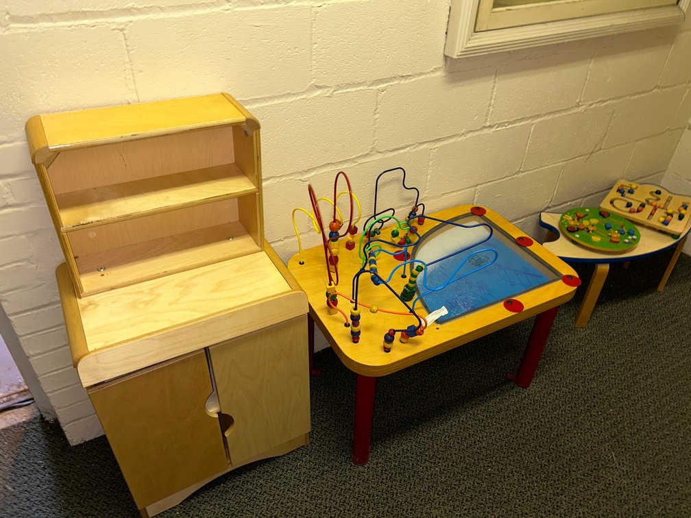 Kids Wooden Toy Stations Miniature Cabinet, Table, Activities Table