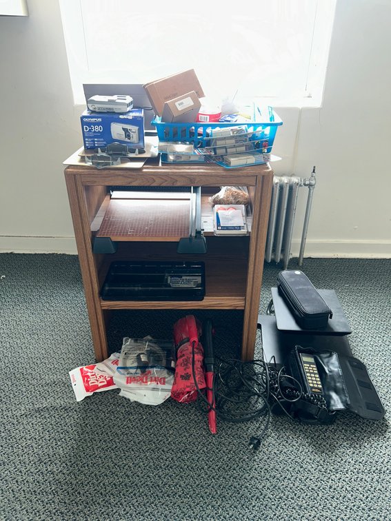 Wood Office Supply Cart with Camera, Paper Cutter and Contents