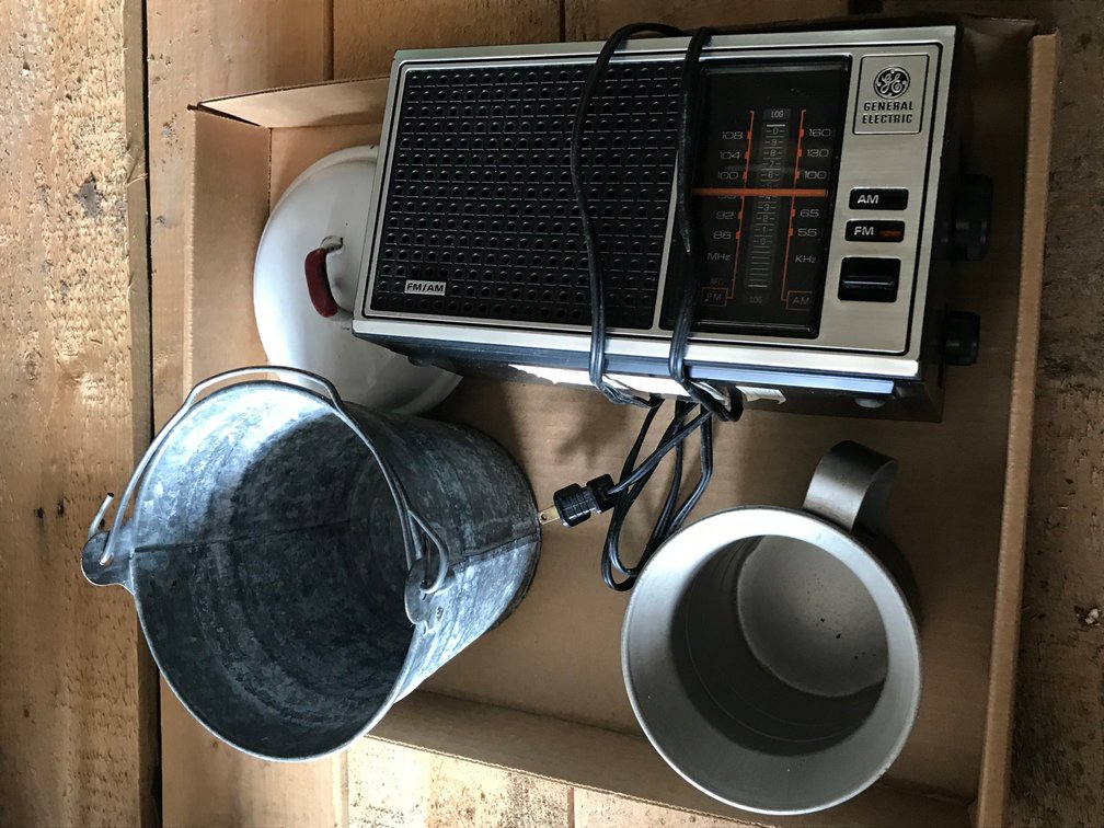 Electric Radio, aluminum measuring cup or pitcher, Bucket and Lid