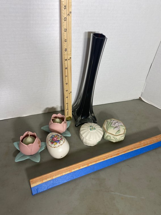 Lenox and Belleek trinket jars, vase, ceramic candle holders