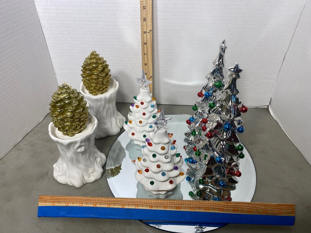 2 Small modern ceramic trees, 2 candle holders, 2 silver trees, round glass display tray