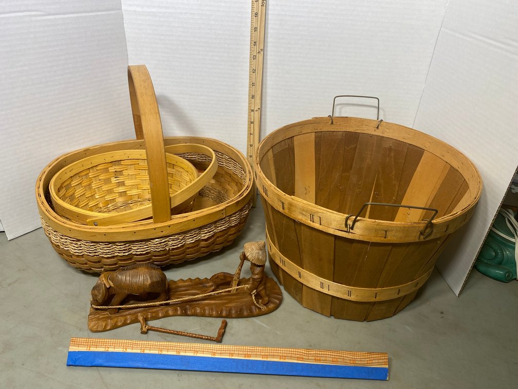 Baskets, Asian Oriental style wooden carving-has some damage