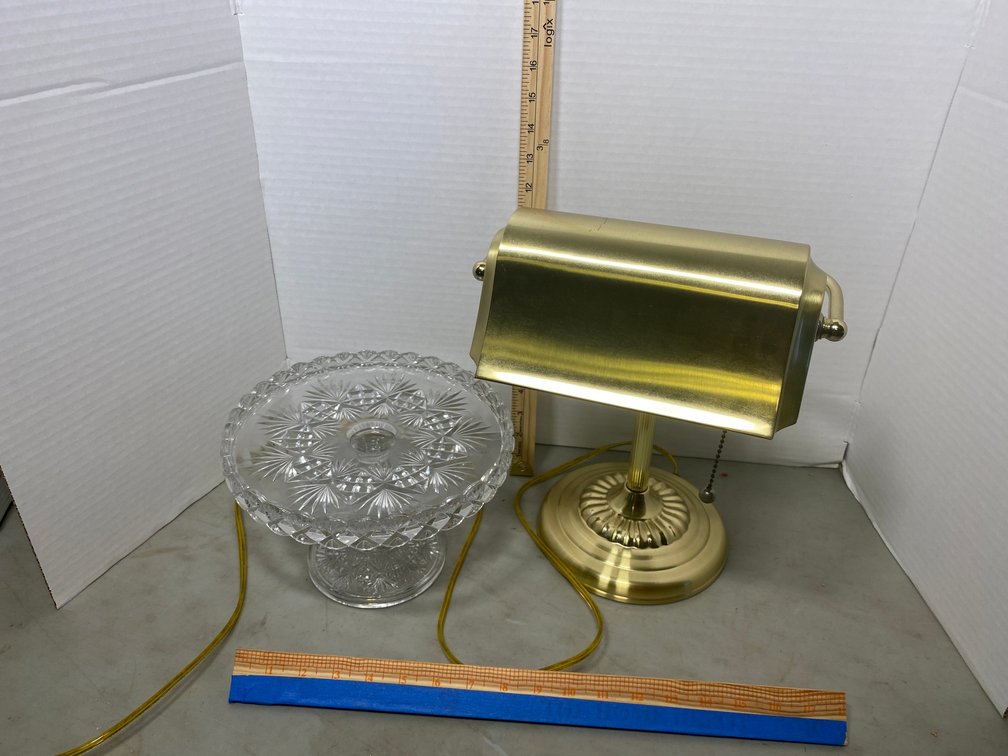 Glass cake stand, student lamp