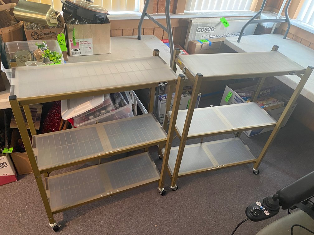 Pair of Origami rolling, folding shelving units