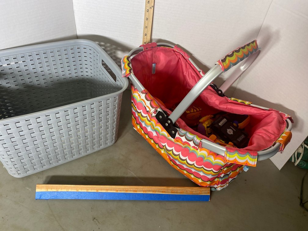 Room It Up collapsible carrying basket with kid's toys, another storage tote