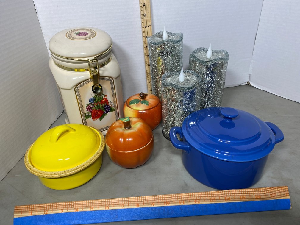 Ceramic canister, small pots with lids, apple canisters, battery powered candles