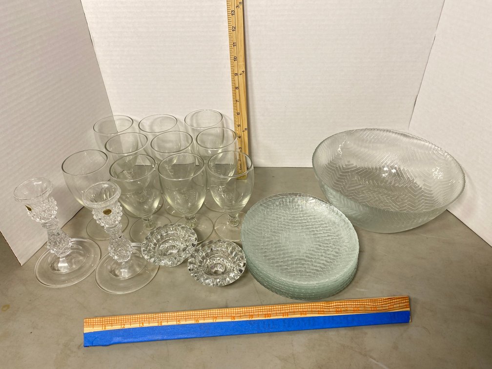 Stemware glasses, candlesticks, glass plates, bowl
