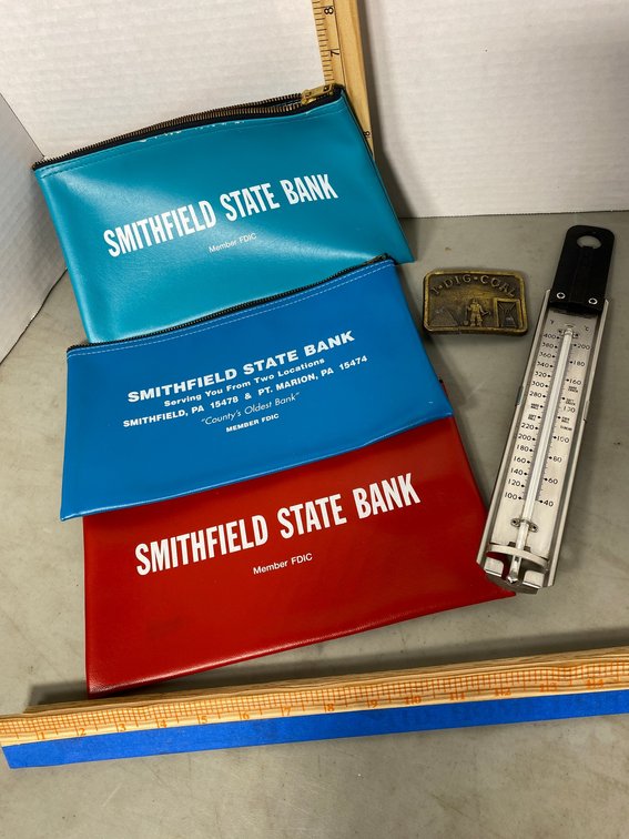 3 Smithfield State Bank money bags, I Dig Coal belt buckle, thermometer
