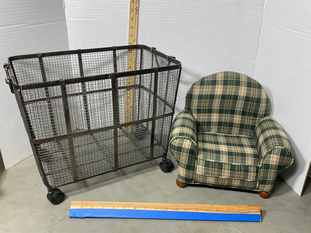 Doll chair, rolling metal storage basket