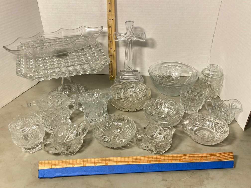 Assorted glass bowls, creamers, cake stand
