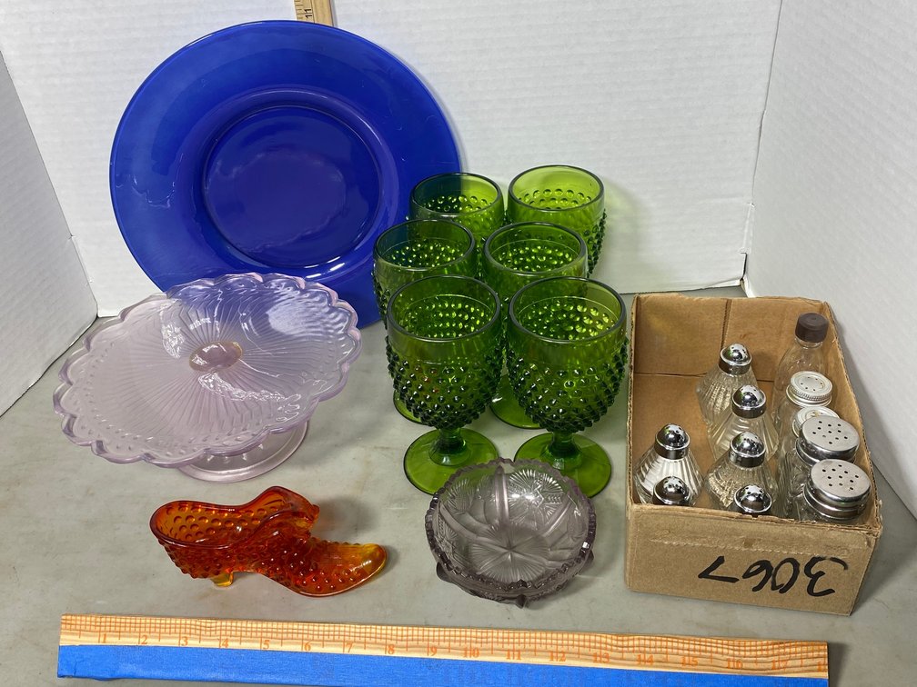 Salt and pepper shakers, glass stemware, cake stand, blue plate