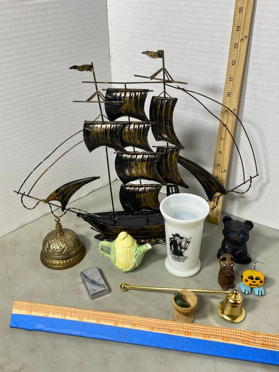 Vintage Hopalong Cassidy milk glass-says What Does Milk at Lunchtime Do? Makes You Strong and Healthy Too, assorted animals, Heinz pickle pens, Zippo lighter, sailboat decorative item