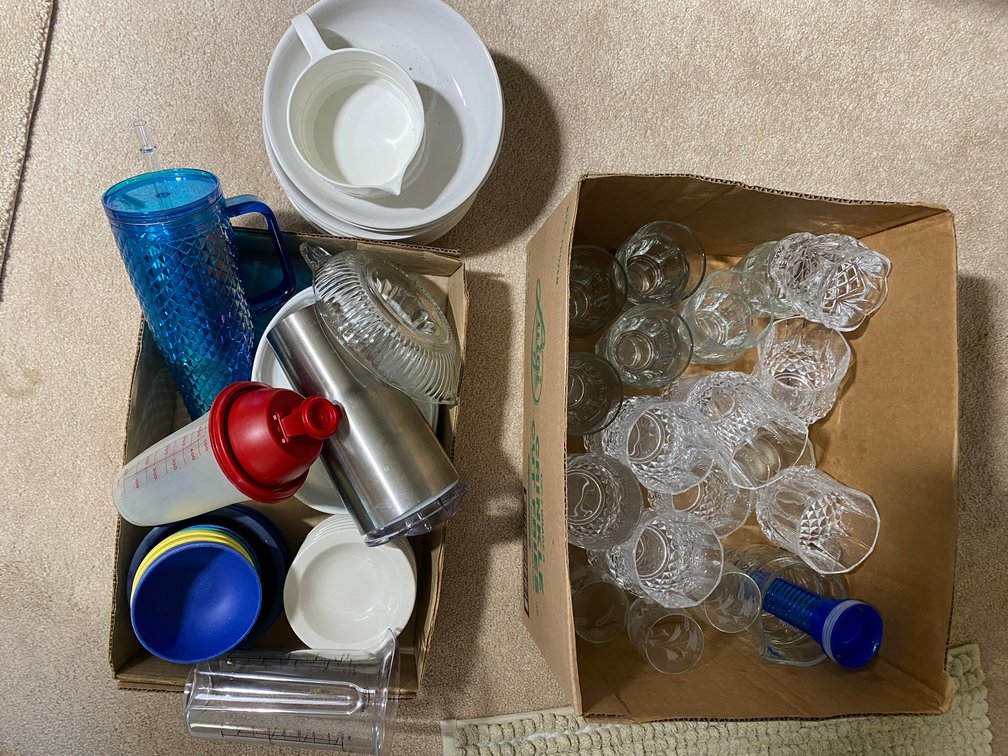 Drinking glasses, plates, travel cups, bowls