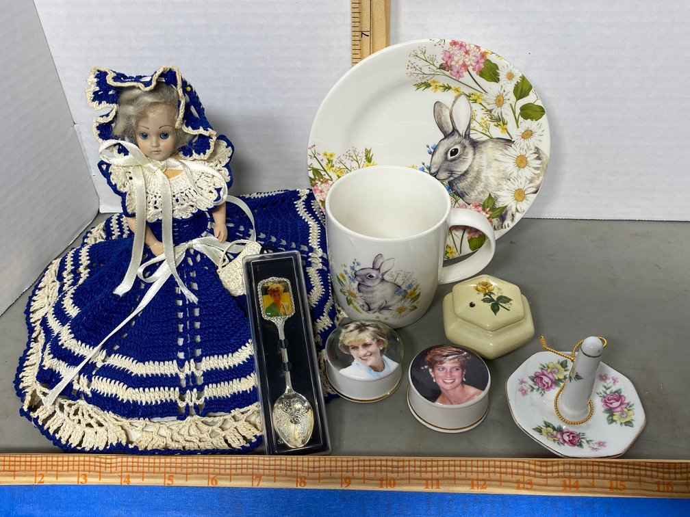 2 Princess Diana collectible trinket jars, doll, ring holder, rabbit cup and saucer