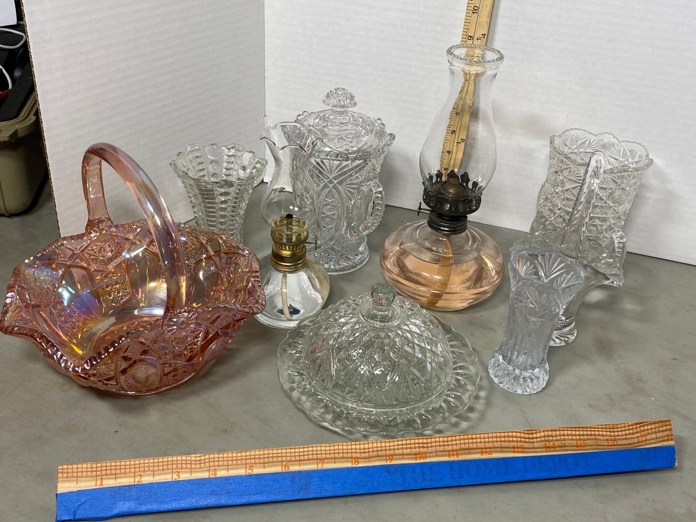 Pink LE Smith glass basket, glass oil lamps, vases, bowls