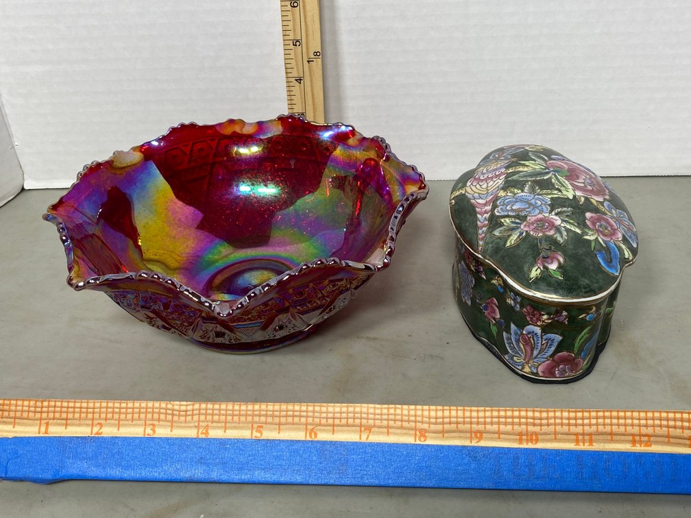 Cloisonne style trinket box, carnival glass type bowl