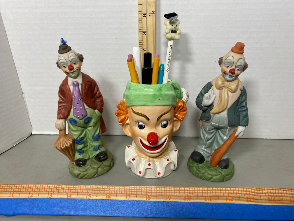 Clown collection, clown pencil holder approx. 6" tall-other 2 clowns 8" tall